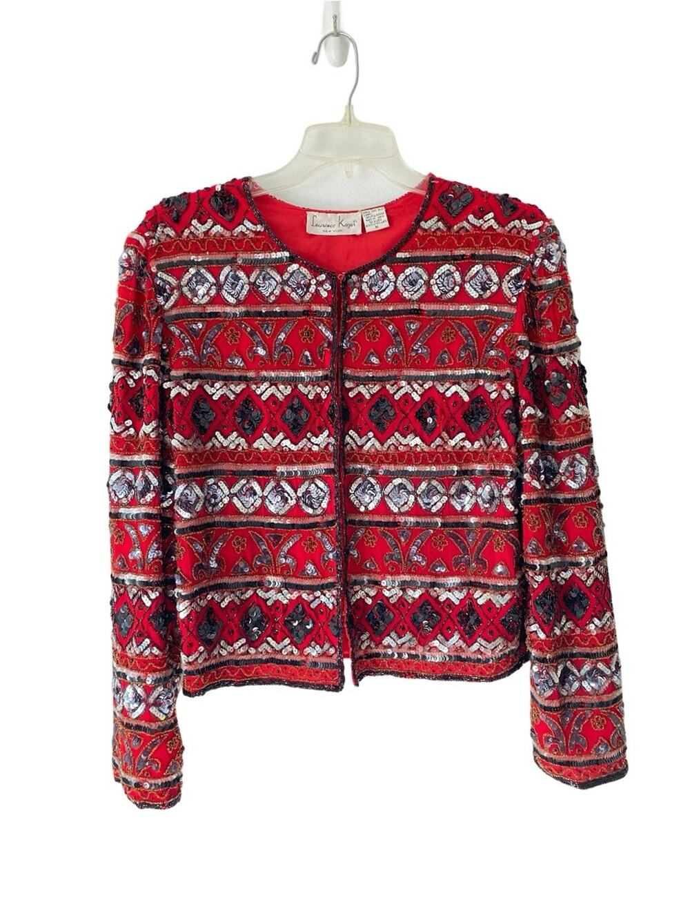 Vintage Laurence Kazar Red Silk Lined Beaded Sequin Blazer Jacket size XL